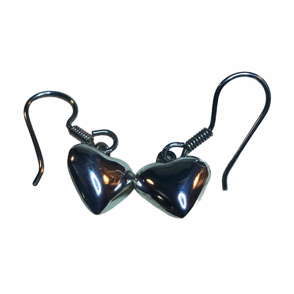 Heart Shape Earrings Dangle Drop 925 Sterling Silver Pierced 1960's Vintage